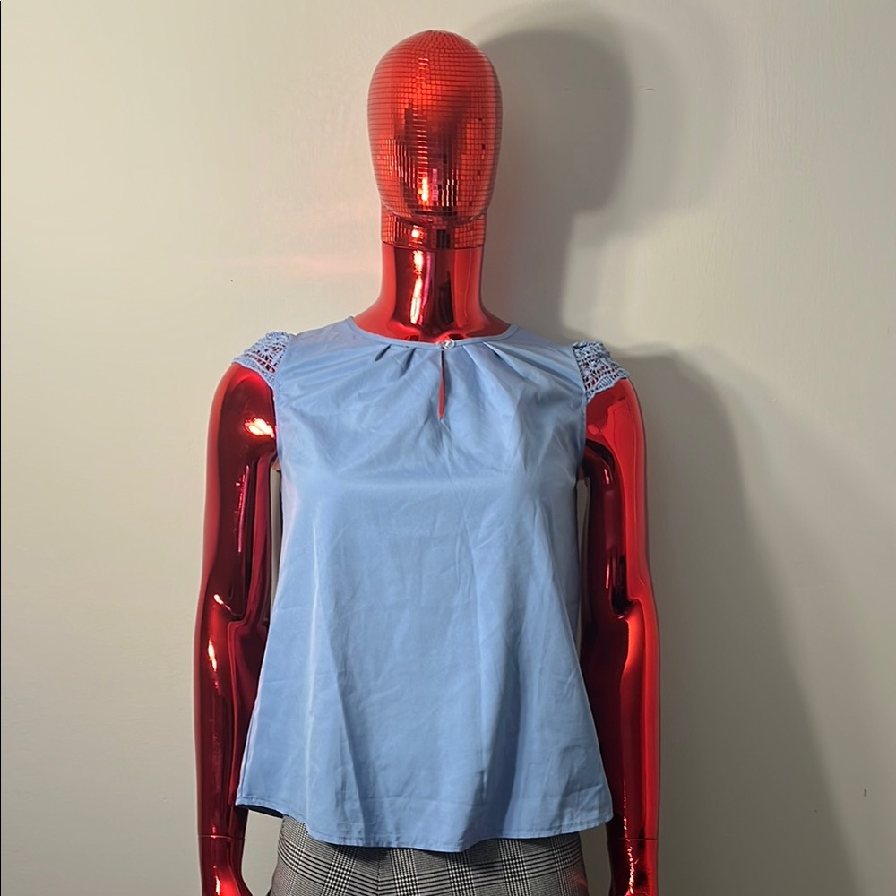 Light Blue Crochet-Sleeve Top